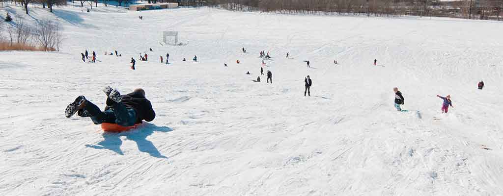 Children tobogganing down a snowy hill near Brantford