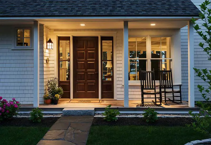Warm exterior lighting along a front walkway at dusk