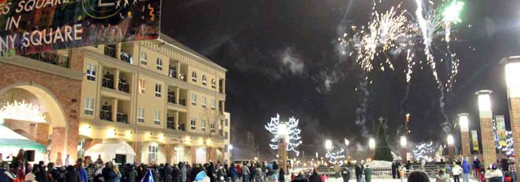 New Year's Eve celebration with fireworks at Harmony Square in Brantford